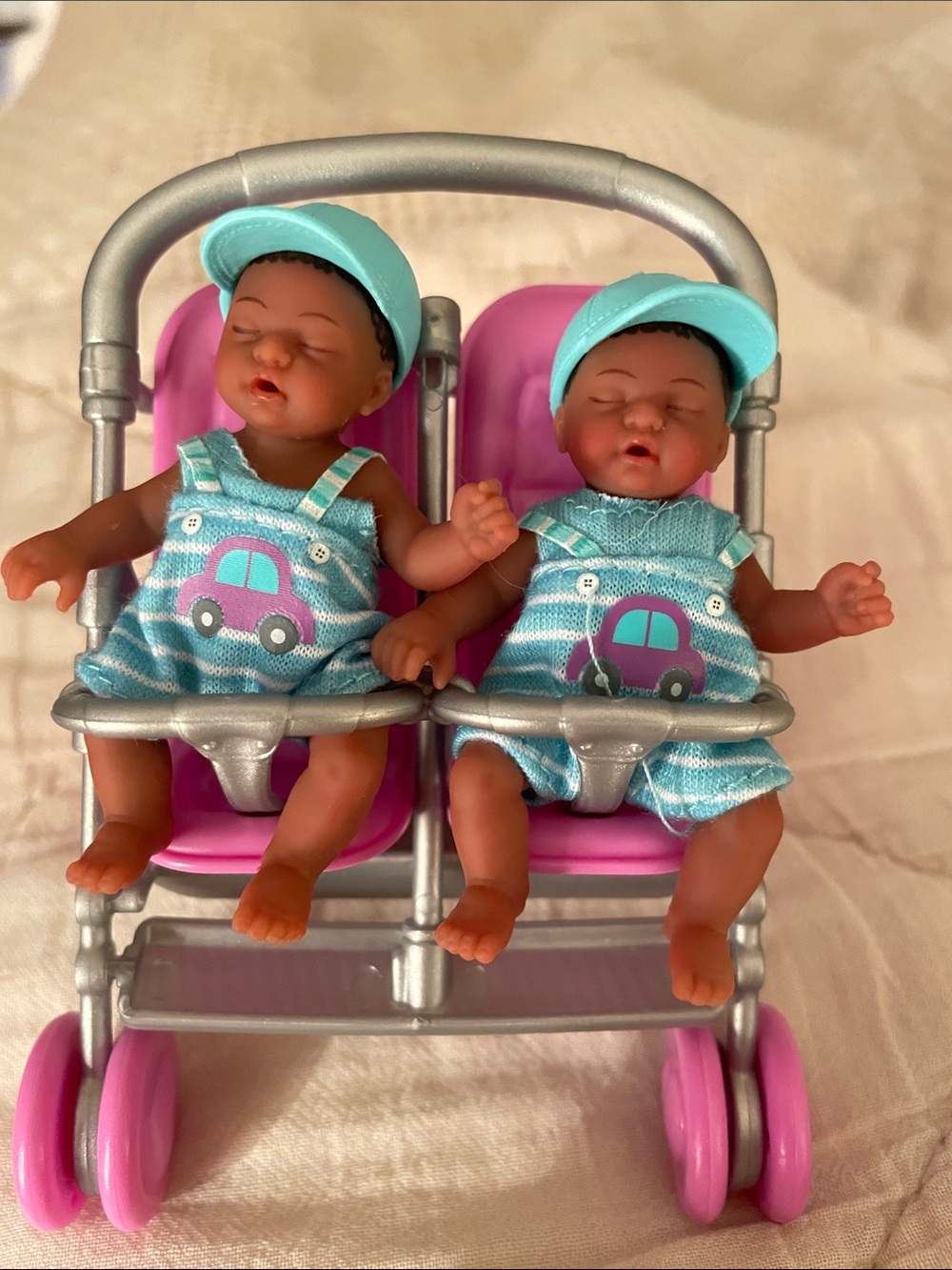 Twin Baby Doll Set with Pink Double Stroller and Teal Outfits